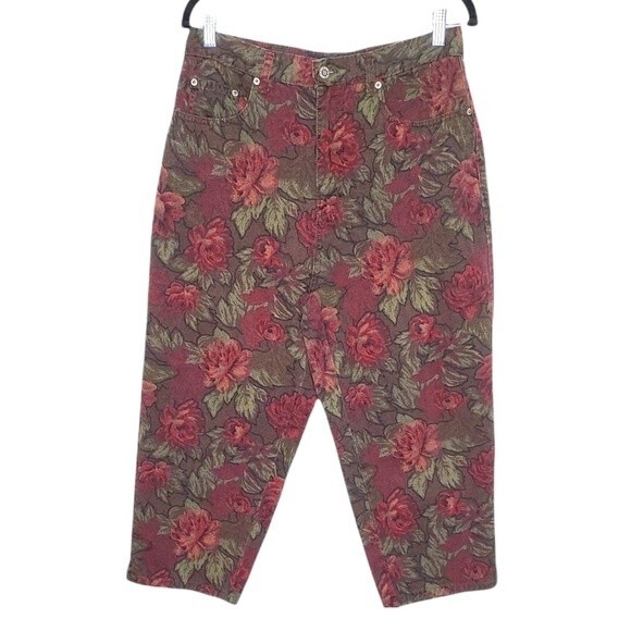 VTG Halston Women 12 Floral Flower Antique Rose Designer Capris - Picture 1 of 8